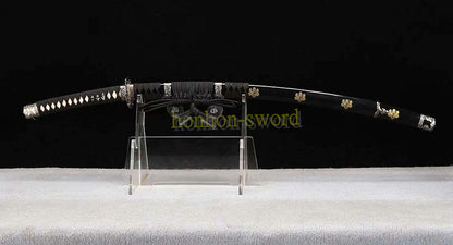 Japanisches Samurai-Schwert Katana aus schwarzem gefaltetem Stahl, Full Tang, handgefertigt, scharfe Klinge, schwarz 