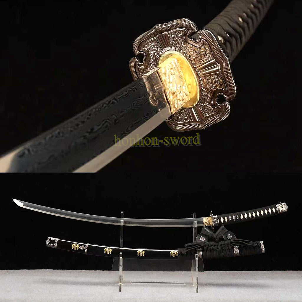 Japanisches Samurai-Schwert Katana aus schwarzem gefaltetem Stahl, Full Tang, handgefertigt, scharfe Klinge, schwarz 