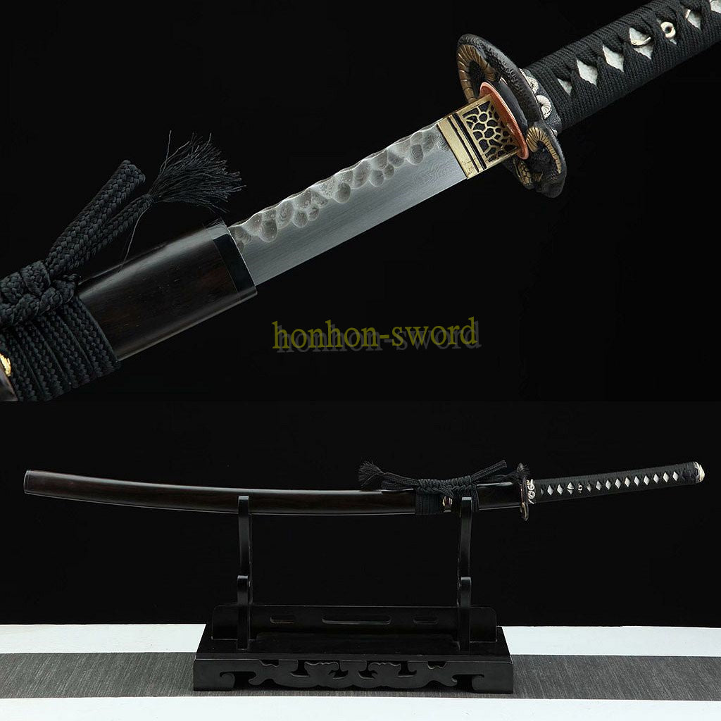 Japanisches Samurai-Schwert Katana aus schwarzem gefaltetem Stahl, Full Tang, handgefertigt, scharfe Klinge, schwarz 