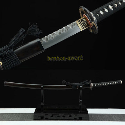 Japanisches Samurai-Schwert Katana aus schwarzem gefaltetem Stahl, Full Tang, handgefertigt, scharfe Klinge, schwarz 