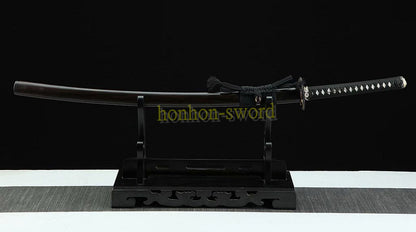 Japanisches Samurai-Schwert Katana aus schwarzem gefaltetem Stahl, Full Tang, handgefertigt, scharfe Klinge, schwarz 