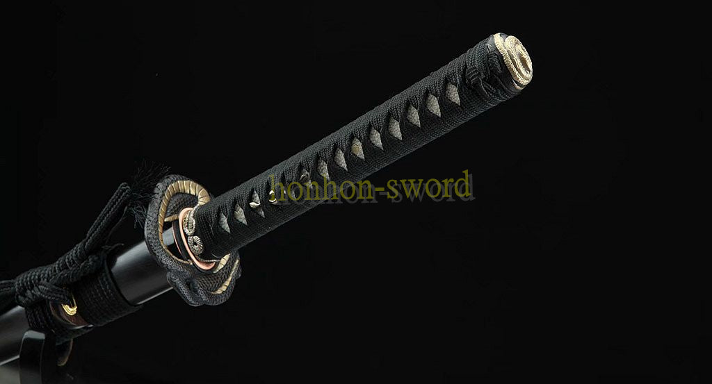 Japanisches Samurai-Schwert Katana aus schwarzem gefaltetem Stahl, Full Tang, handgefertigt, scharfe Klinge, schwarz 