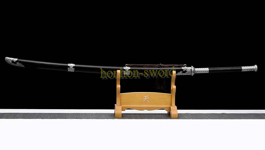 Handgeschmiedetes japanisches Samurai-Schwert Katana aus Damaszener-Faltstahl, scharf, ganz in Schwarz 