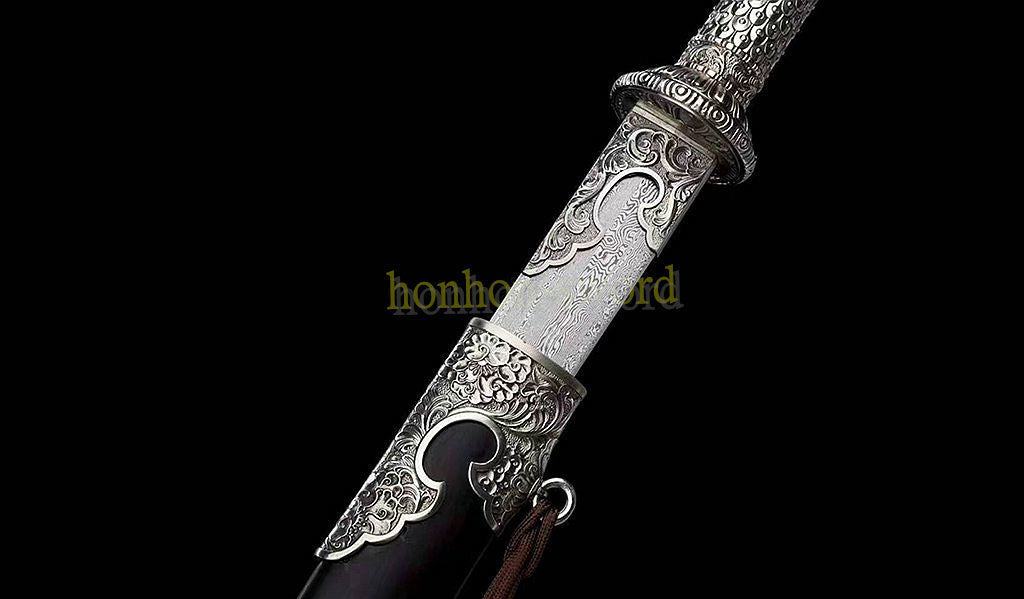 Handgeschmiedetes japanisches Samurai-Schwert Katana aus Damaszener-Faltstahl, scharf, ganz in Schwarz 