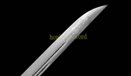 Handgeschmiedetes japanisches Samurai-Schwert Katana aus Damaszener-Faltstahl, scharf, ganz in Schwarz 