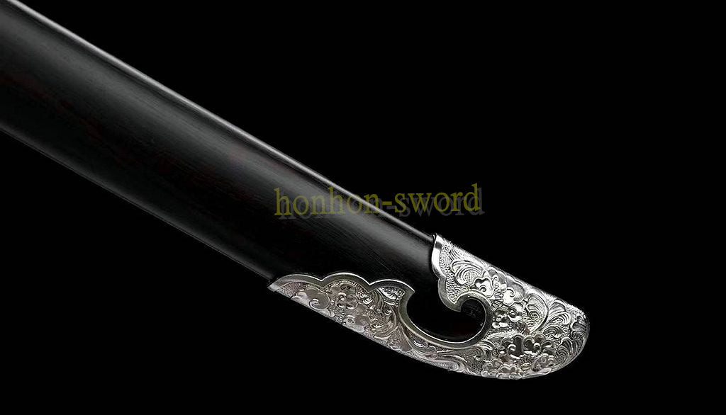 Handgeschmiedetes japanisches Samurai-Schwert Katana aus Damaszener-Faltstahl, scharf, ganz in Schwarz 