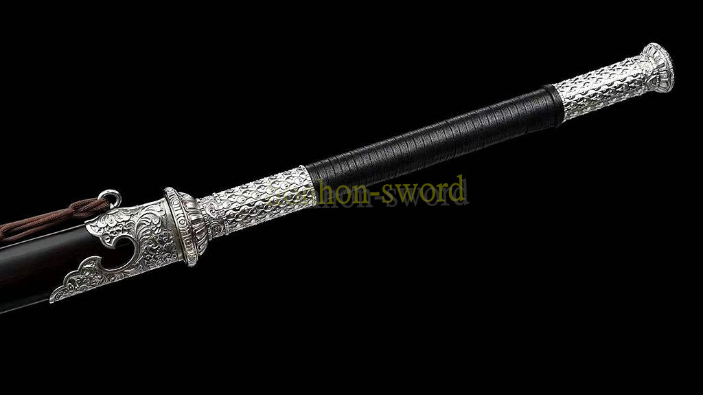 Handgeschmiedetes japanisches Samurai-Schwert Katana aus Damaszener-Faltstahl, scharf, ganz in Schwarz 