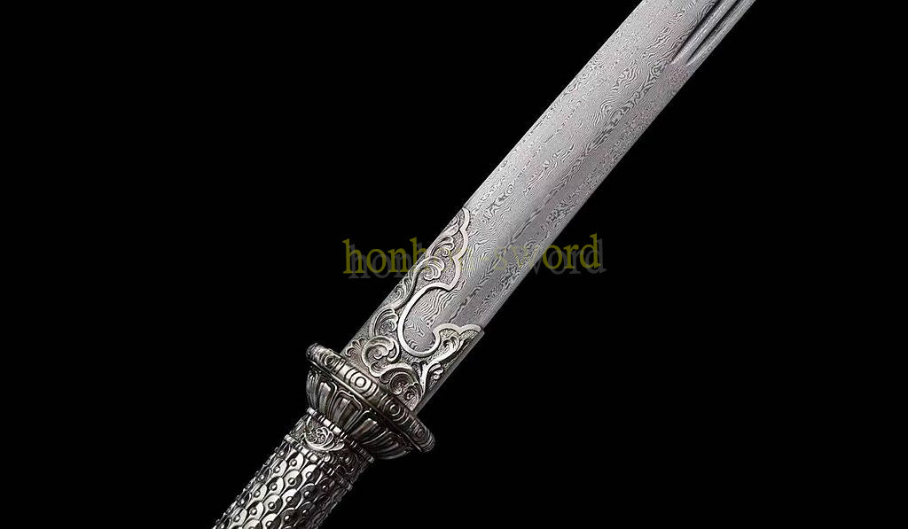 Handgeschmiedetes japanisches Samurai-Schwert Katana aus Damaszener-Faltstahl, scharf, ganz in Schwarz 