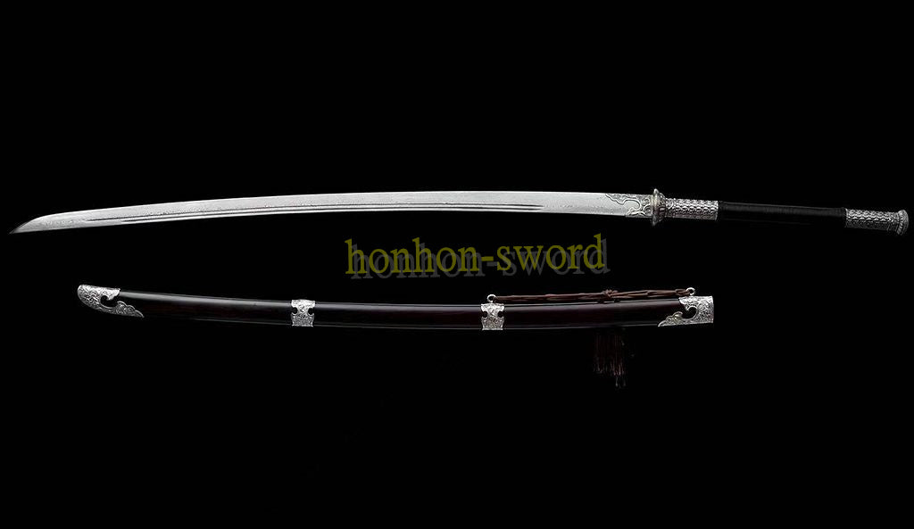 Handgeschmiedetes japanisches Samurai-Schwert Katana aus Damaszener-Faltstahl, scharf, ganz in Schwarz 