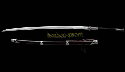 Handgeschmiedetes japanisches Samurai-Schwert Katana aus Damaszener-Faltstahl, scharf, ganz in Schwarz 