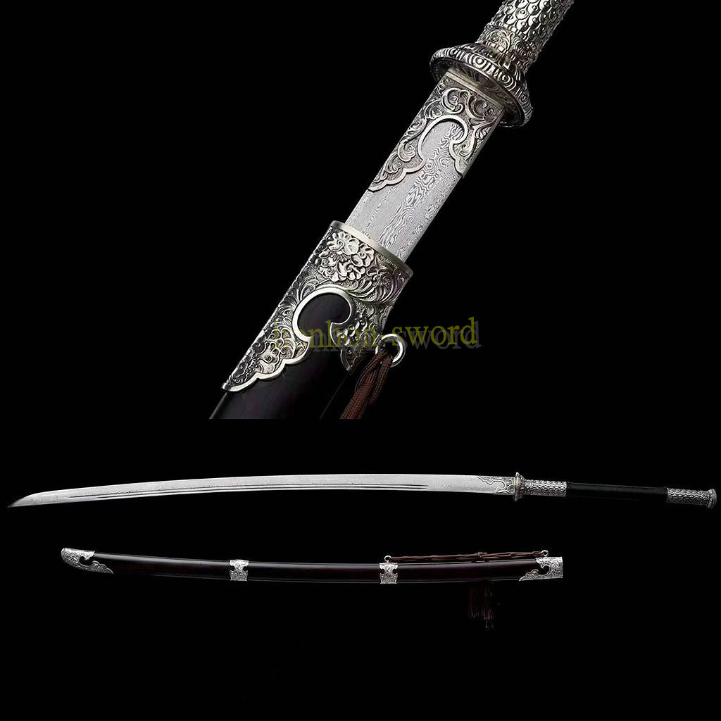 Handgeschmiedetes japanisches Samurai-Schwert Katana aus Damaszener-Faltstahl, scharf, ganz in Schwarz 