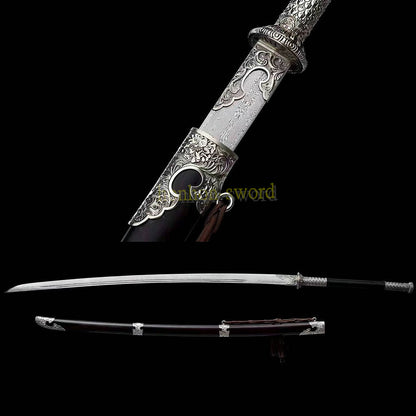 Handgeschmiedetes japanisches Samurai-Schwert Katana aus Damaszener-Faltstahl, scharf, ganz in Schwarz 