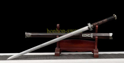 Damascus Folded Steel HanJian 汉剑 Chinese Jian Sword Sharp Ebony Sheath