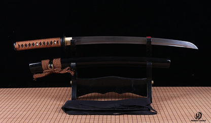 Hand Forged Folded Steel Wakizashi Japanese Samurai Sword Full Tang Black