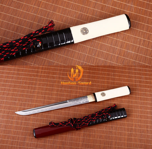 Damascus Folded Steel Tanto Japanese Samurai Short Sword Full Tang Battle Razor Sharp Red