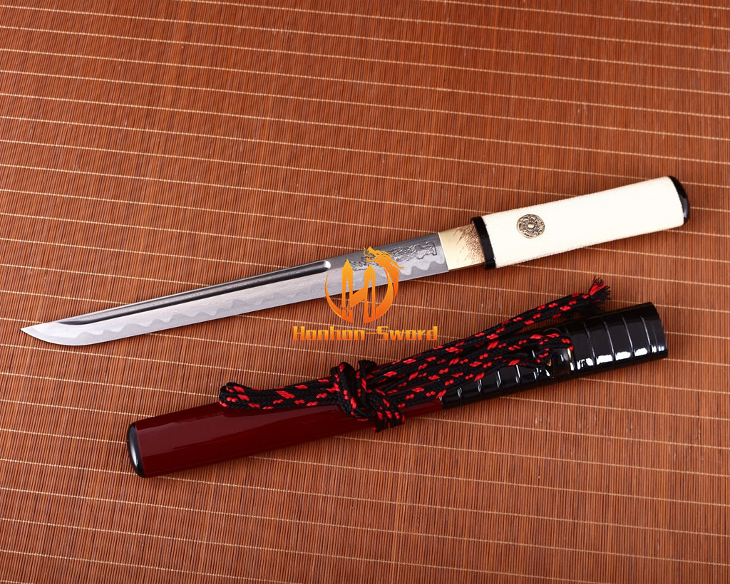 Damas Plié Acier Tanto Samouraï Japonais Épée Courte Full Tang Battle Razor Sharp Rouge 
