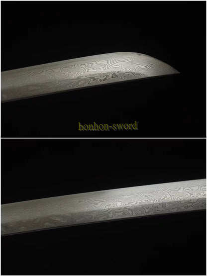 Japanisches Samurai-Schwert Katana aus schwarzem gefaltetem Stahl, Full Tang, handgefertigt, scharfe Klinge, schwarz 
