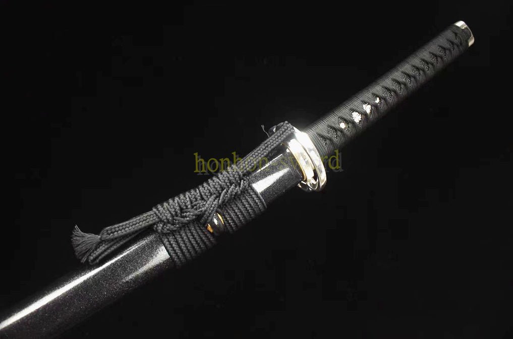 Japanisches Samurai-Schwert Katana aus schwarzem gefaltetem Stahl, Full Tang, handgefertigt, scharfe Klinge, schwarz 