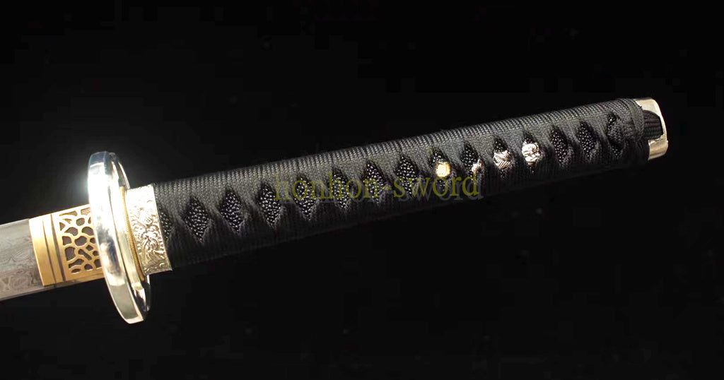 Japanisches Samurai-Schwert Katana aus schwarzem gefaltetem Stahl, Full Tang, handgefertigt, scharfe Klinge, schwarz 