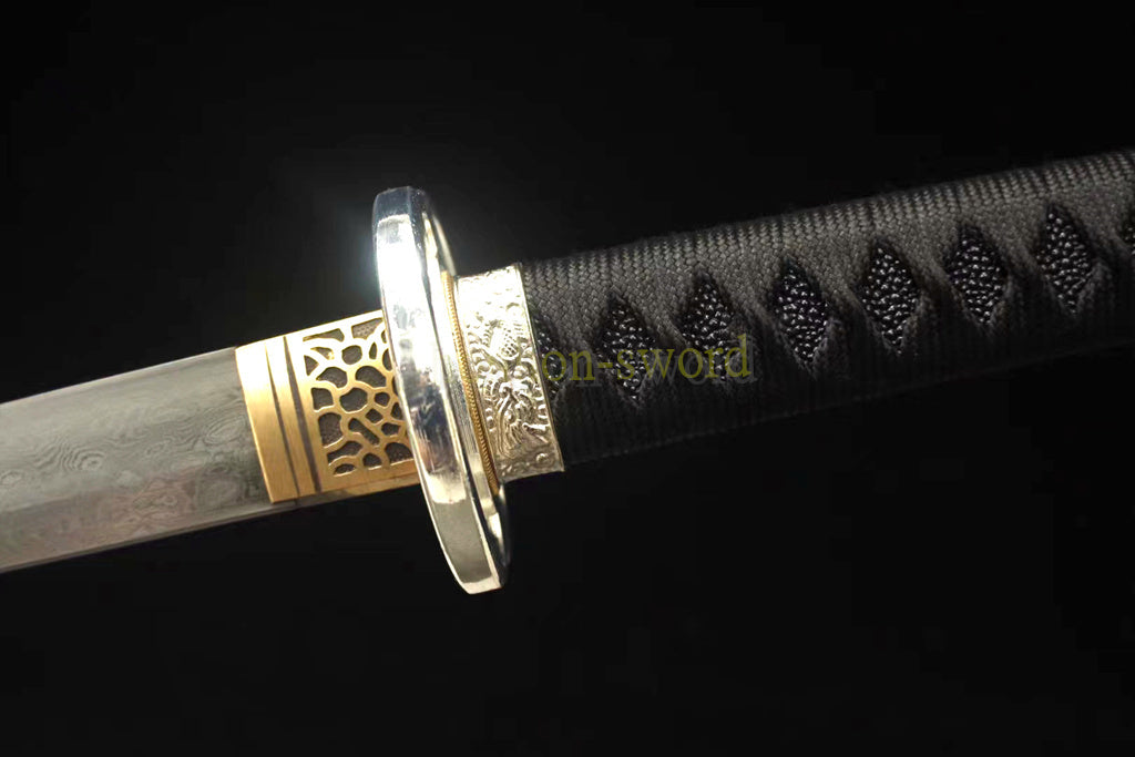 Japanisches Samurai-Schwert Katana aus schwarzem gefaltetem Stahl, Full Tang, handgefertigt, scharfe Klinge, schwarz 