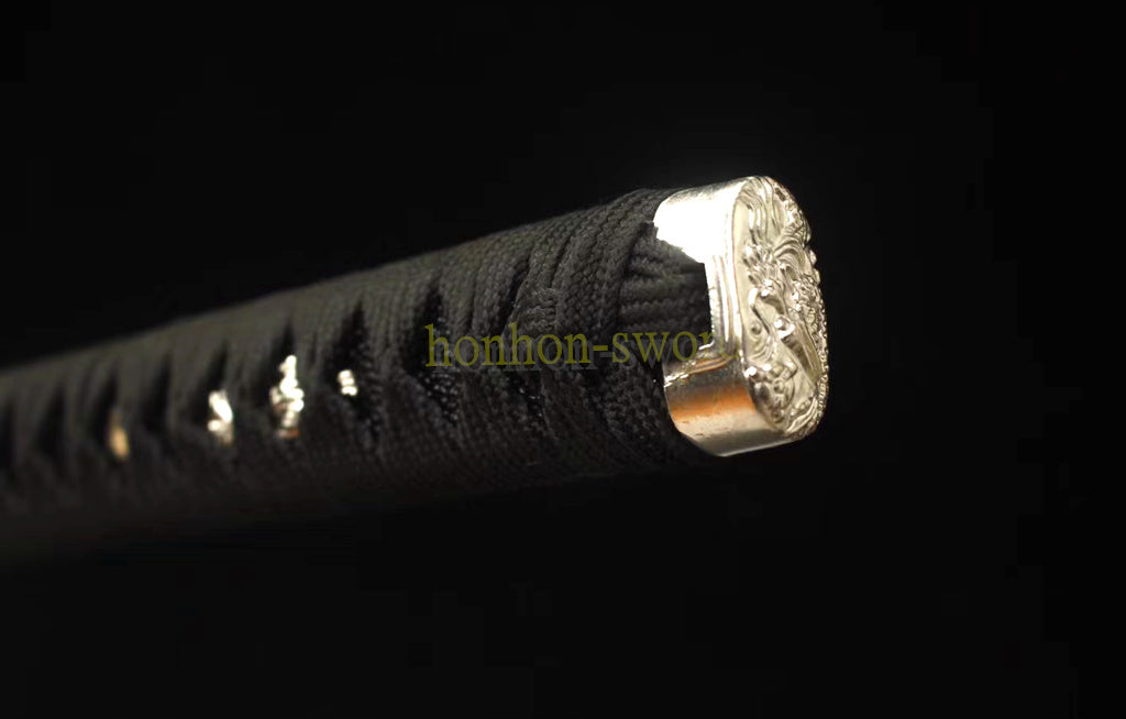 Japanisches Samurai-Schwert Katana aus schwarzem gefaltetem Stahl, Full Tang, handgefertigt, scharfe Klinge, schwarz 