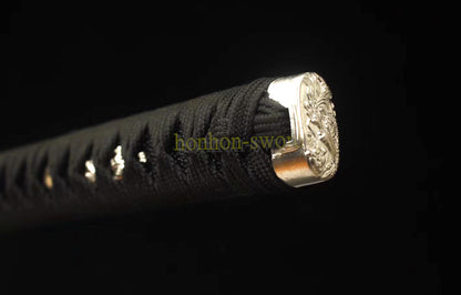 Japanisches Samurai-Schwert Katana aus schwarzem gefaltetem Stahl, Full Tang, handgefertigt, scharfe Klinge, schwarz 