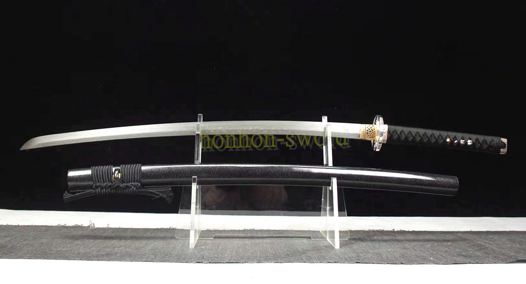 Japanisches Samurai-Schwert Katana aus schwarzem gefaltetem Stahl, Full Tang, handgefertigt, scharfe Klinge, schwarz 