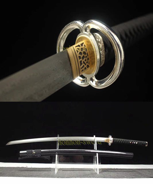 Japanisches Samurai-Schwert Katana aus schwarzem gefaltetem Stahl, Full Tang, handgefertigt, scharfe Klinge, schwarz 