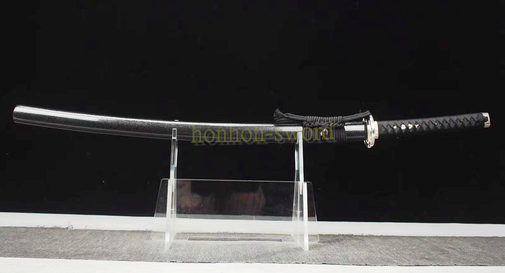 Japanisches Samurai-Schwert Katana aus schwarzem gefaltetem Stahl, Full Tang, handgefertigt, scharfe Klinge, schwarz 