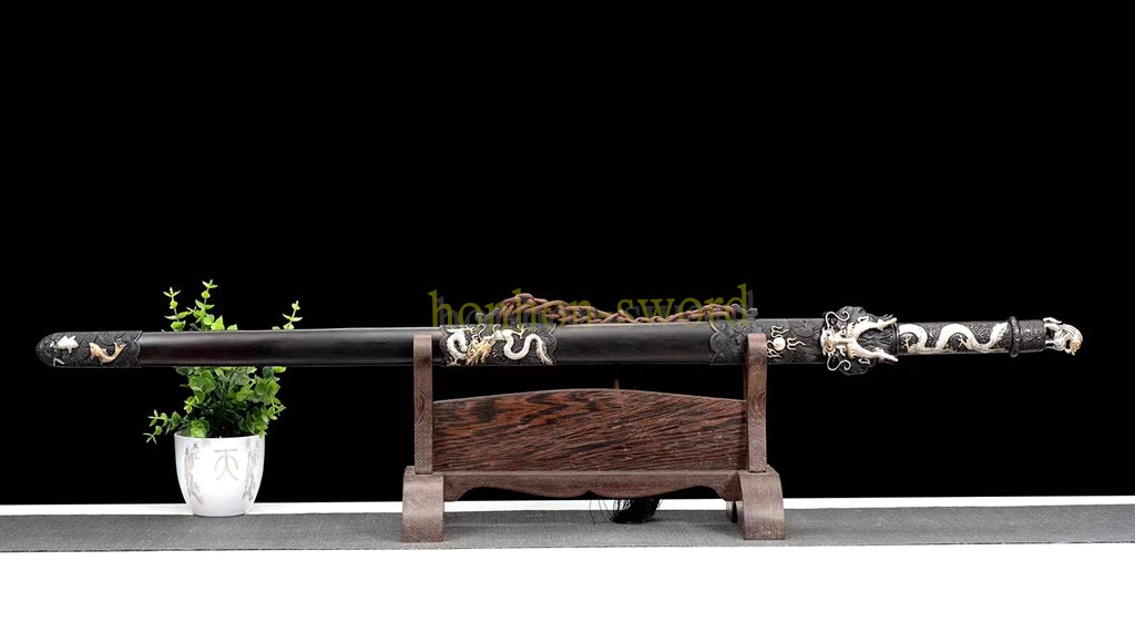 Japanisches Samurai-Schwert Katana aus schwarzem gefaltetem Stahl, Full Tang, handgefertigt, scharfe Klinge, schwarz 