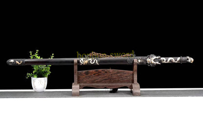 Japanisches Samurai-Schwert Katana aus schwarzem gefaltetem Stahl, Full Tang, handgefertigt, scharfe Klinge, schwarz 