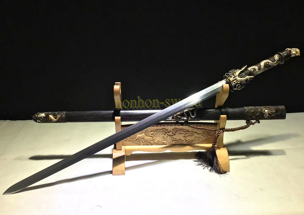 Japanisches Samurai-Schwert Katana aus schwarzem gefaltetem Stahl, Full Tang, handgefertigt, scharfe Klinge, schwarz 