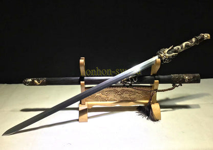 Japanisches Samurai-Schwert Katana aus schwarzem gefaltetem Stahl, Full Tang, handgefertigt, scharfe Klinge, schwarz 
