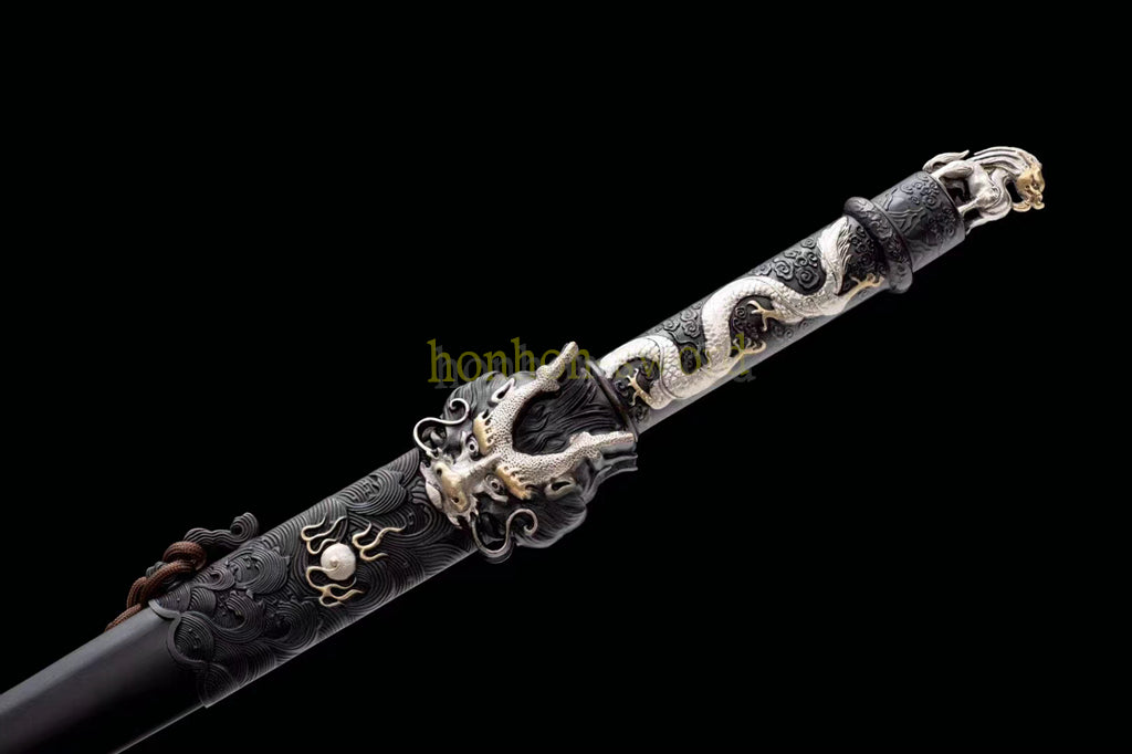 Japanisches Samurai-Schwert Katana aus schwarzem gefaltetem Stahl, Full Tang, handgefertigt, scharfe Klinge, schwarz 