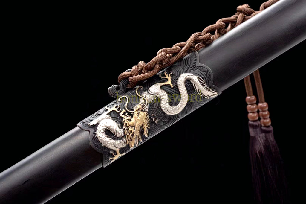 Japanisches Samurai-Schwert Katana aus schwarzem gefaltetem Stahl, Full Tang, handgefertigt, scharfe Klinge, schwarz 