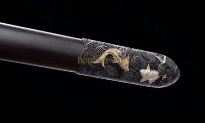 Japanisches Samurai-Schwert Katana aus schwarzem gefaltetem Stahl, Full Tang, handgefertigt, scharfe Klinge, schwarz 