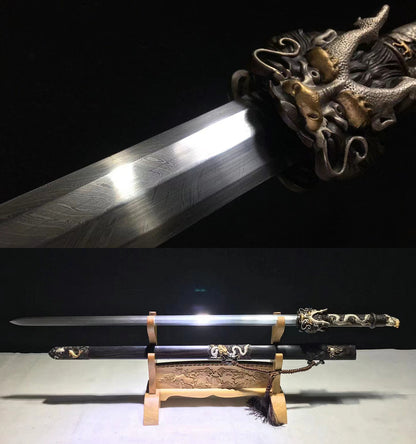 Japanisches Samurai-Schwert Katana aus schwarzem gefaltetem Stahl, Full Tang, handgefertigt, scharfe Klinge, schwarz 