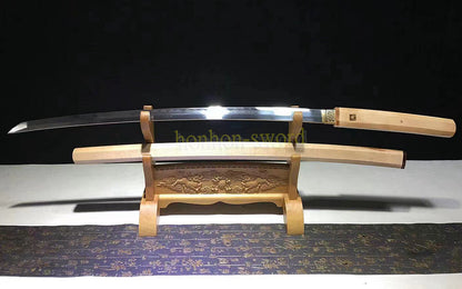 Hand Forge Damascus Folded Steel Clay Tempered Shirasaya Japanese Katana Samurai Sword Wooden
