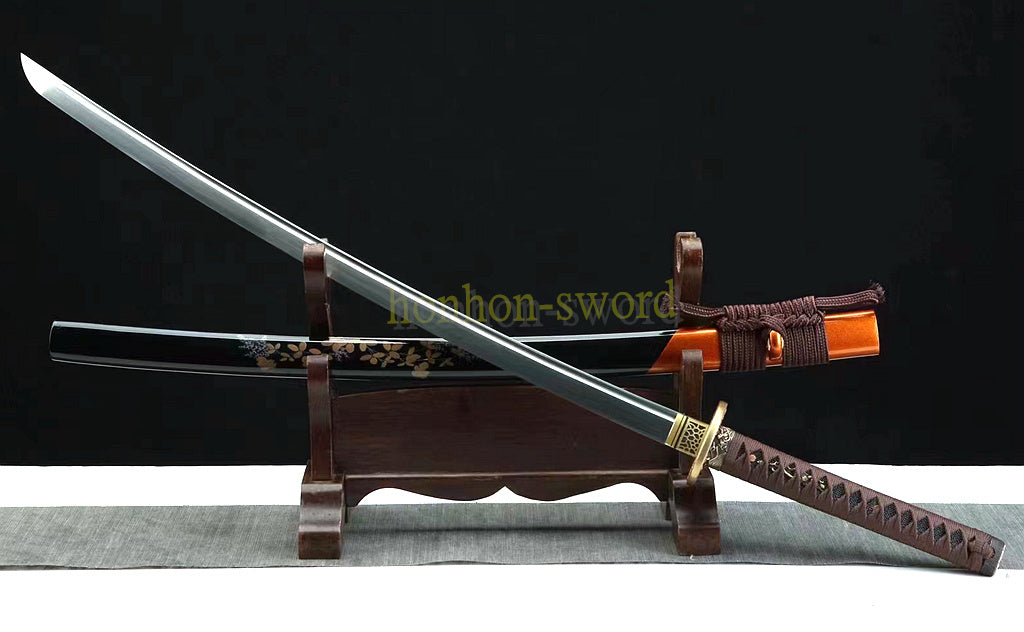 Épée de samouraï japonaise en acier plié noir, katana, lame tranchante faite à la main, noire 