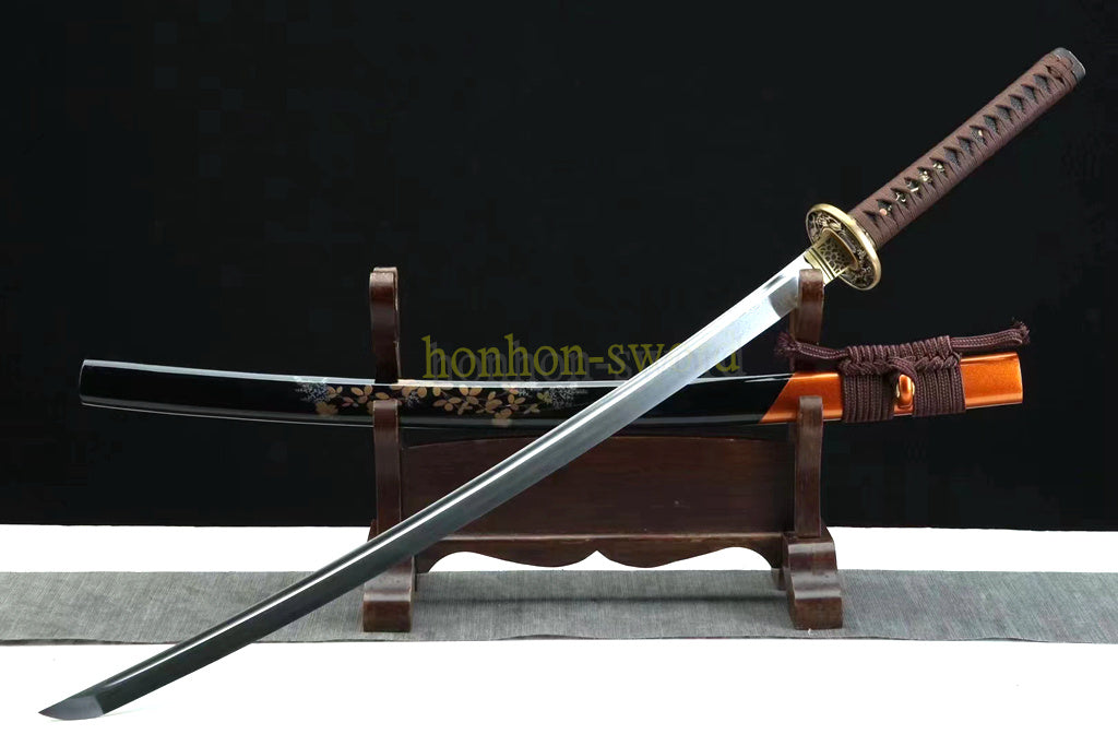 Épée de samouraï japonaise en acier plié noir, katana, lame tranchante faite à la main, noire 