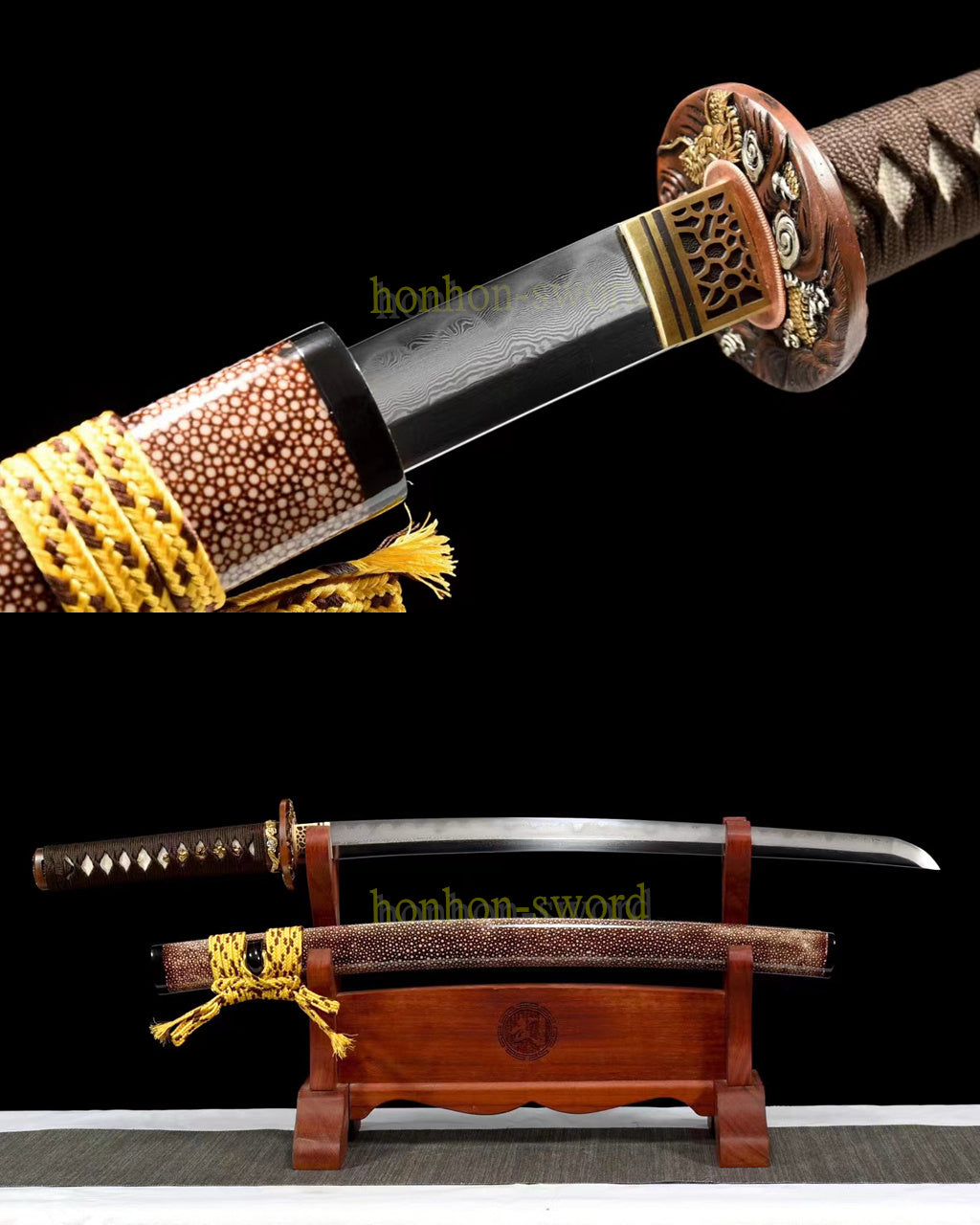 Japanisches Samurai-Schwert Katana aus schwarzem gefaltetem Stahl, Full Tang, handgefertigt, scharfe Klinge, schwarz 