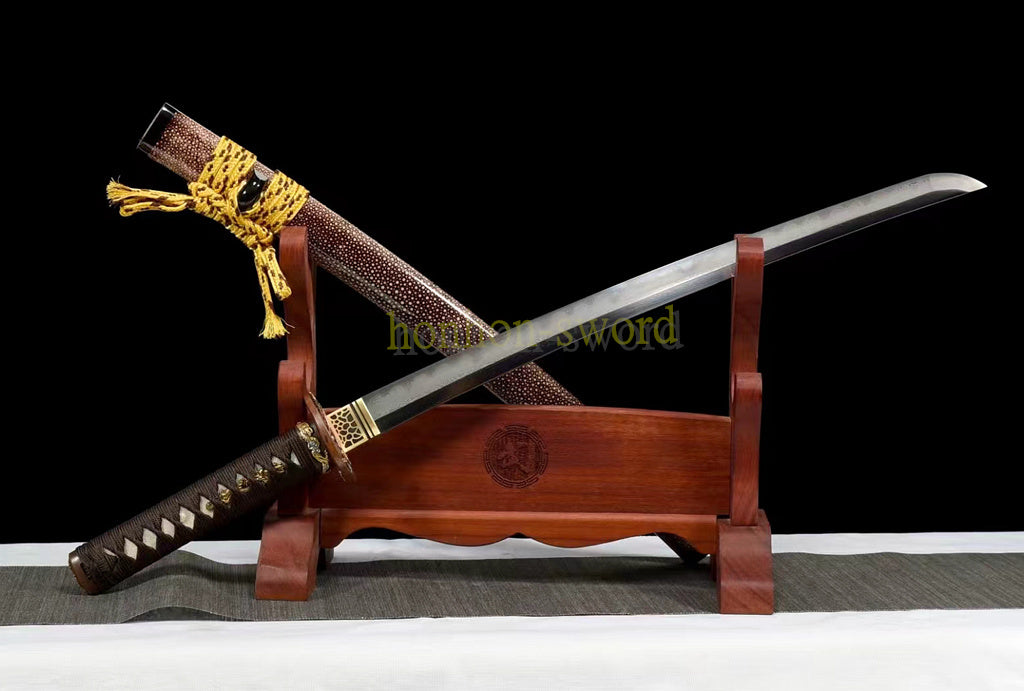 Japanisches Samurai-Schwert Katana aus schwarzem gefaltetem Stahl, Full Tang, handgefertigt, scharfe Klinge, schwarz 