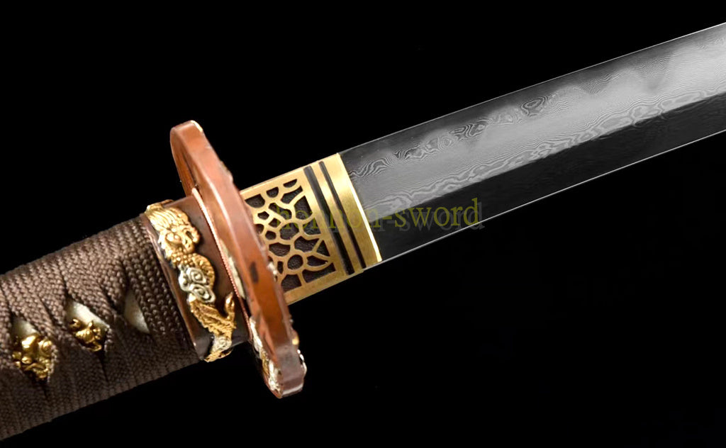 Japanisches Samurai-Schwert Katana aus schwarzem gefaltetem Stahl, Full Tang, handgefertigt, scharfe Klinge, schwarz 