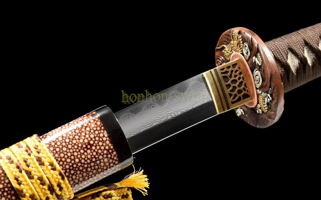 Japanisches Samurai-Schwert Katana aus schwarzem gefaltetem Stahl, Full Tang, handgefertigt, scharfe Klinge, schwarz 