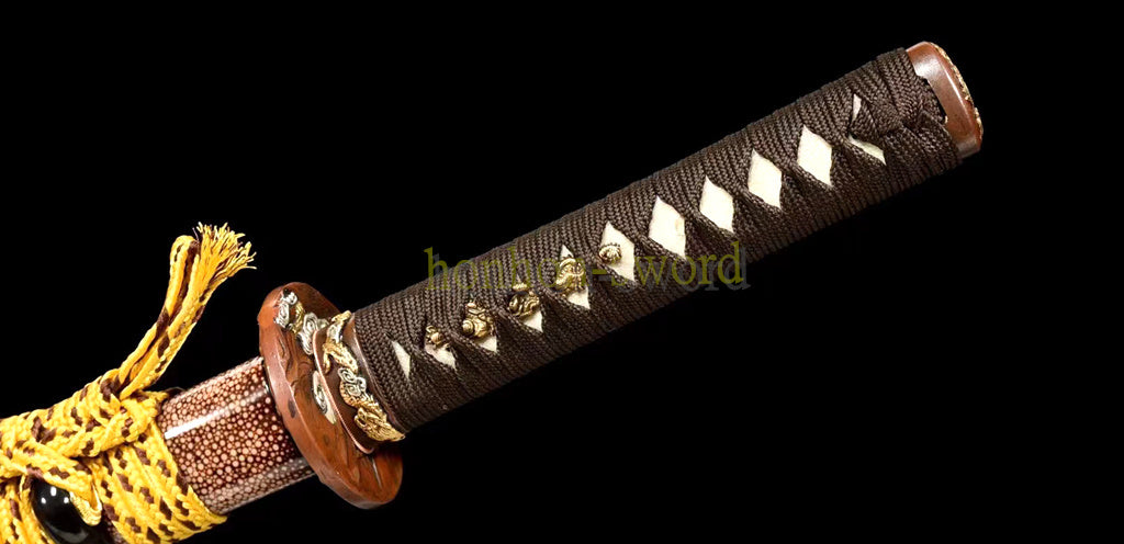 Japanisches Samurai-Schwert Katana aus schwarzem gefaltetem Stahl, Full Tang, handgefertigt, scharfe Klinge, schwarz 