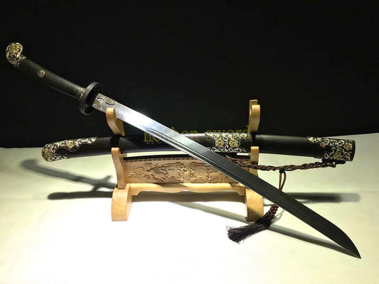 Damascus Folded Steel Twisted Pattern Chinese Qing Dao 清刀 Chinese Dao Sword Ebony Sheath