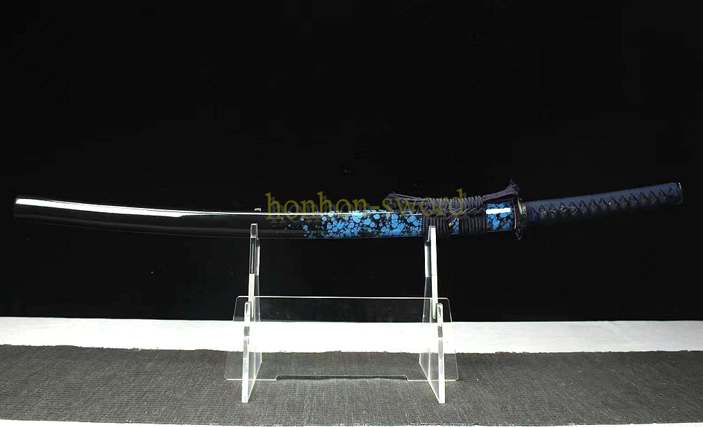 Japanisches Samurai-Schwert Katana aus schwarzem gefaltetem Stahl, Full Tang, handgefertigt, scharfe Klinge, schwarz 