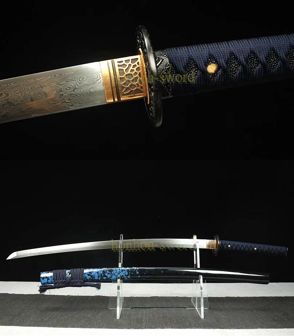Japanisches Samurai-Schwert Katana aus schwarzem gefaltetem Stahl, Full Tang, handgefertigt, scharfe Klinge, schwarz 