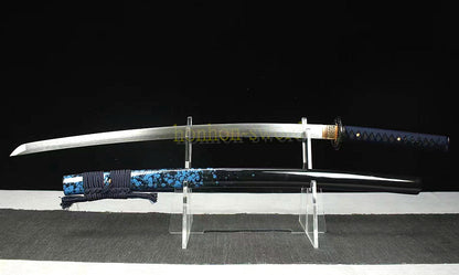 Japanisches Samurai-Schwert Katana aus schwarzem gefaltetem Stahl, Full Tang, handgefertigt, scharfe Klinge, schwarz 