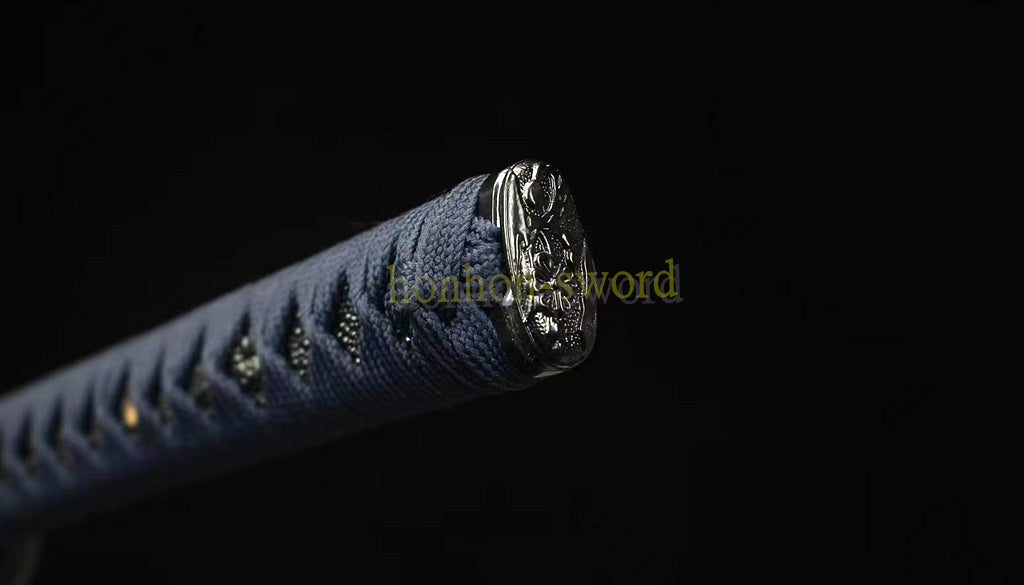 Japanisches Samurai-Schwert Katana aus schwarzem gefaltetem Stahl, Full Tang, handgefertigt, scharfe Klinge, schwarz 